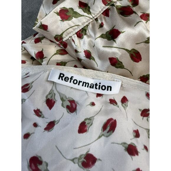 Reformation Cream Silk Mini Wrap Dress Rose Print Puff Sleeve V-Neck Size M - Picture 9 of 11